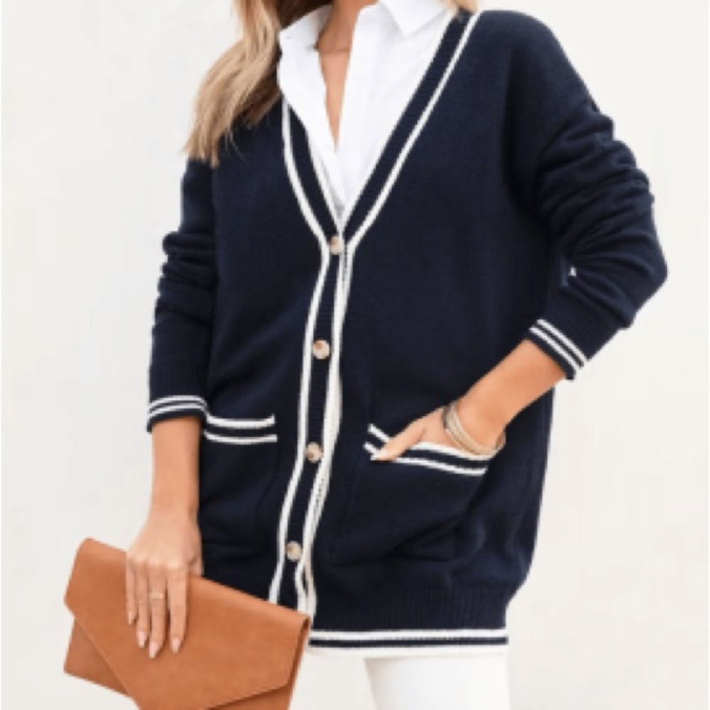 VICI Navy Cardigan Sweater White Stripe Nautical Coastal Grandmother